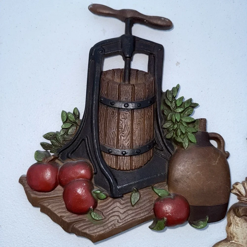 VTG 1978 HOMCO 8x6 SET COLORFUL METAL WALL‎ PLAQUES APPLE PRESS & CORN SHELLER